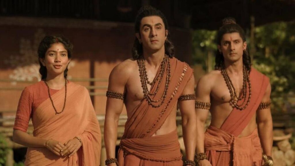 Actors in traditional costumes from the film Ramayana, set in a historical or mythological scene.