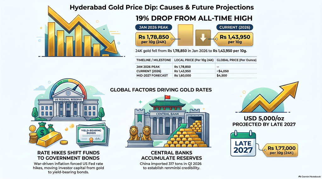 Hyderabad gold price dip infographic showing 19% drop and future projections, with bank icons and gold 5,.