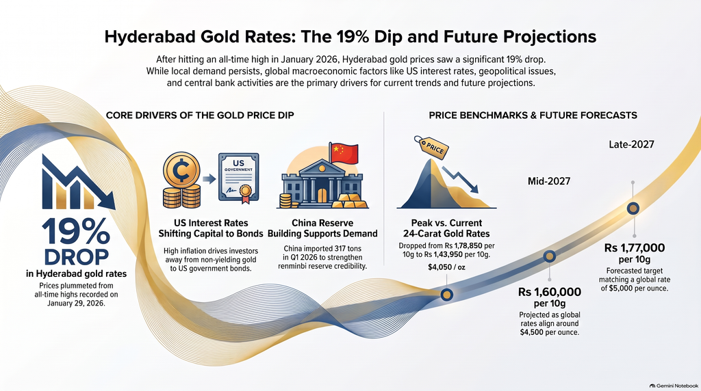 Infographic on Hyderabad gold price dip of 19 percent with future projections and benchmarks.