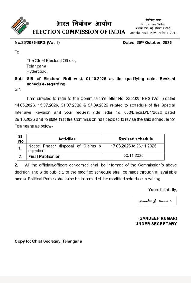 Siasat Daily news notice from Election Commission of India detailing revised schedule for Telangana and 5.